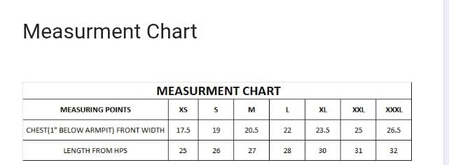 T-Shirt Length and Dimensions Chart